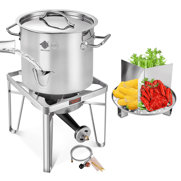 52QT Stainless Steel Steamer Pot with Propane Burner - Large Steamer Pot for Outdoor Cooking, Crab, Shrimp, and Vegetables