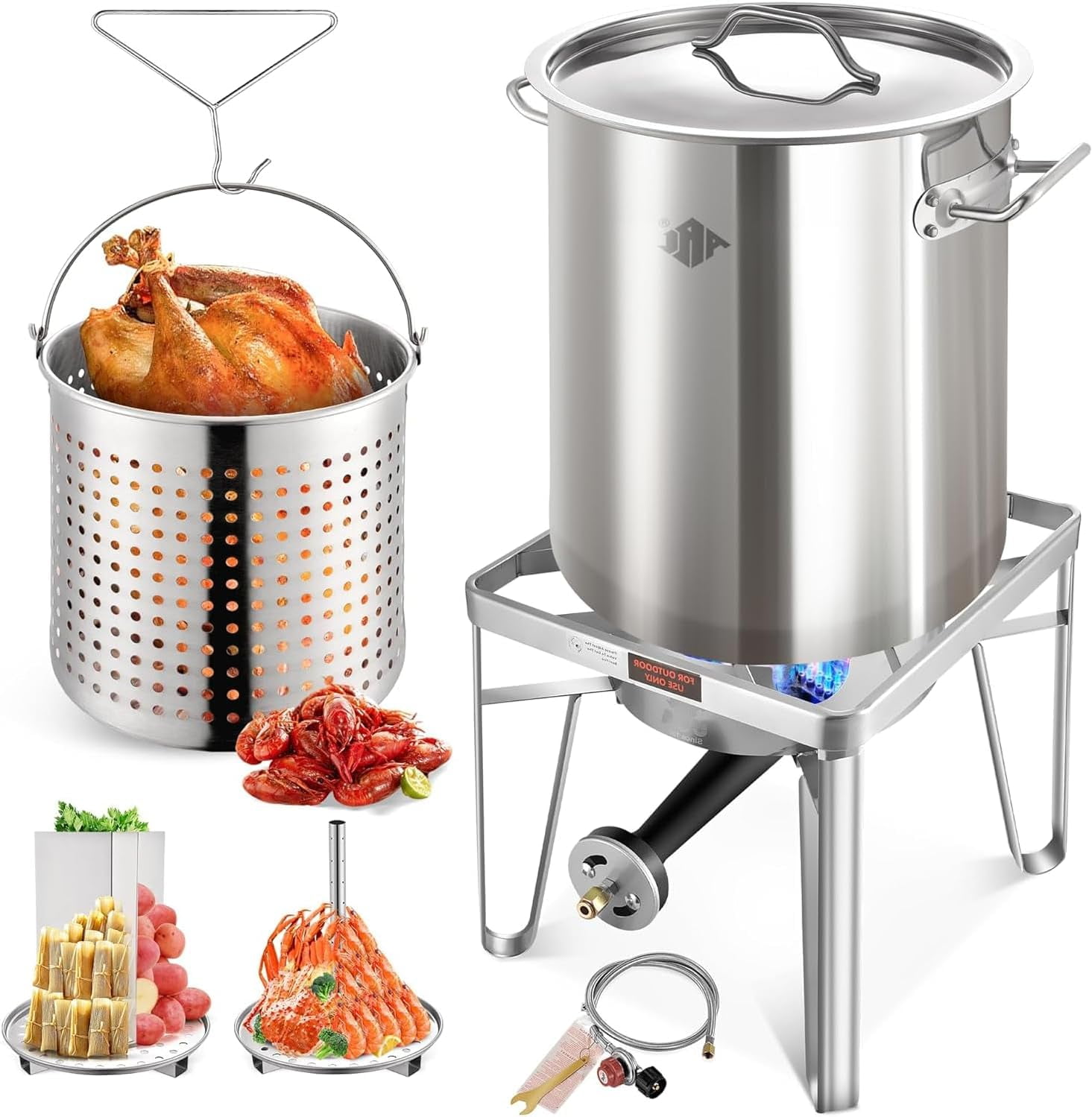 52QT Stainless Steel Turkey Fryer Pot and Burner Kit, Propane Burners ...