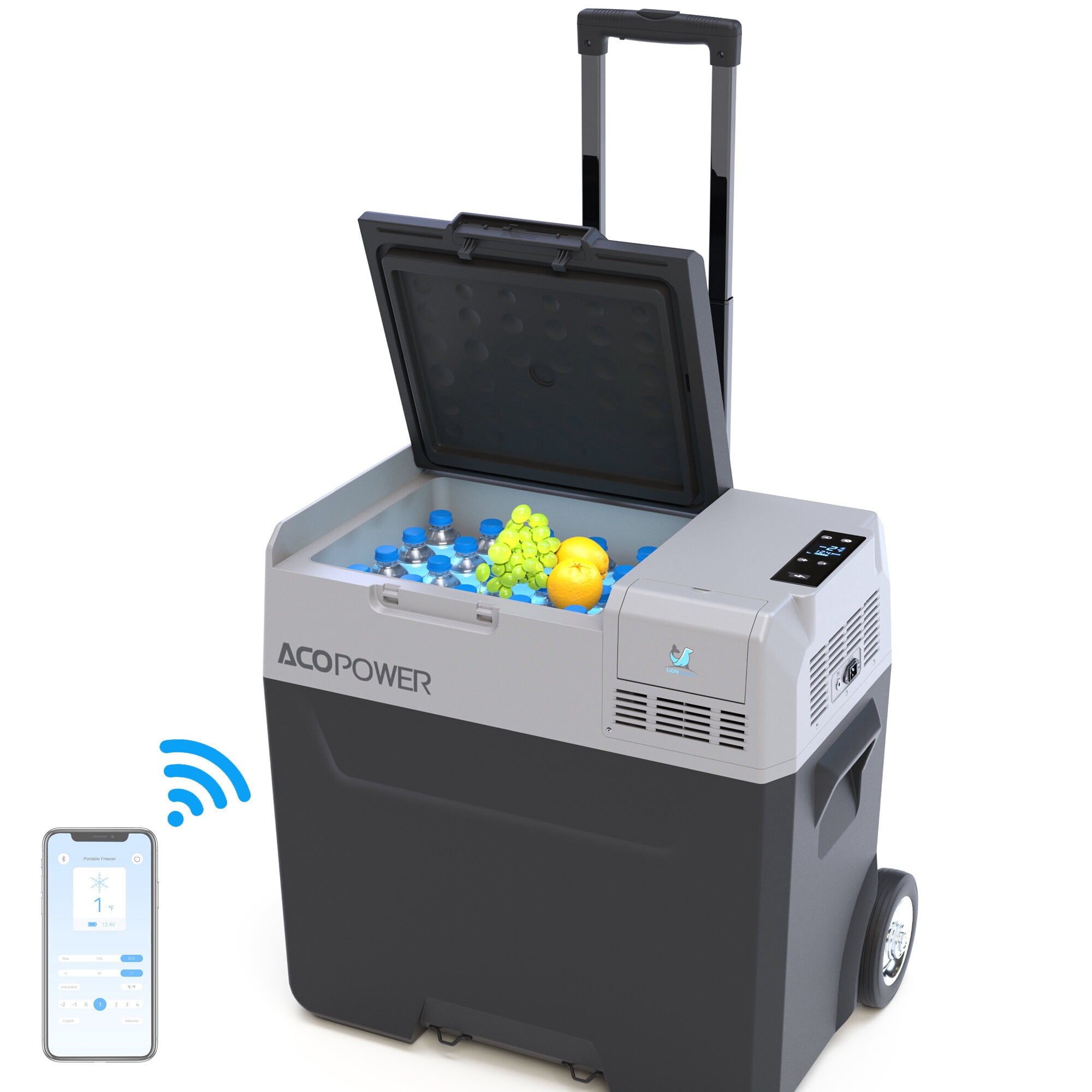 , 52Qt Car Freezer Portable Refrigerator with APP Control and 6'' off-road wheels, 12V,45W Cooler Freezer,Low Noice, Antique White+Gray ,Plastic ,