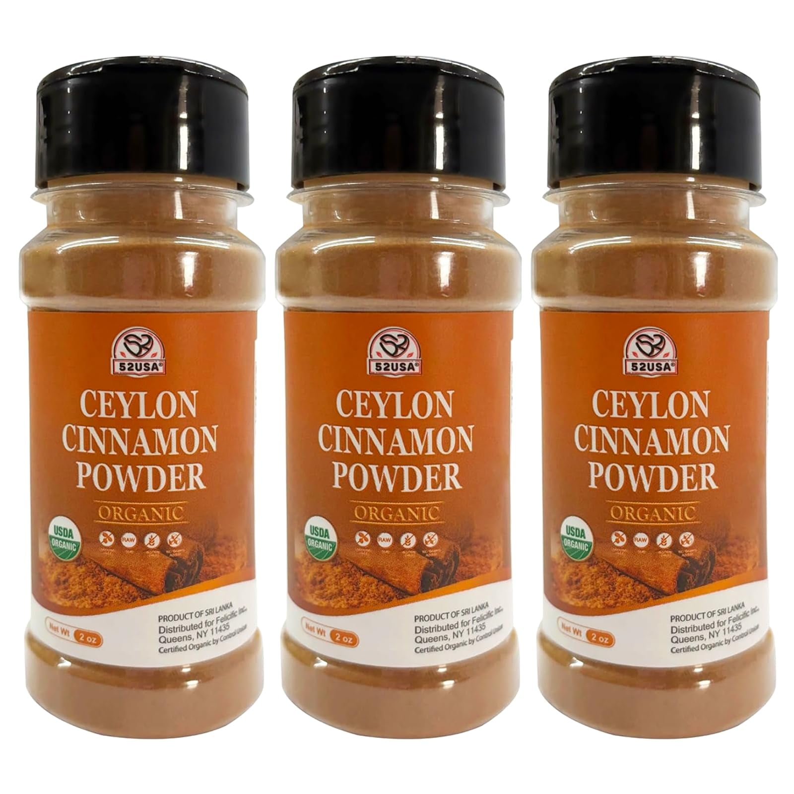 52USA Organic Ceylon Cinnamon DMF15 Powder, 2 Ounce (Pack of 3), True Cinnamon Farmed in Sri Lanka, Non-GMO, Gluten-Free, Perfect for Baking, Cooking and Beverages