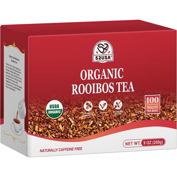 52USA Rooibos Tea Organic, 100 Tea bags, Pure Premuim Rooibos Tea, Naturally Sweet Herbal Tea, Caffeine Free Rooibos Tea, Farmed in South Africa, 9oz (250g)