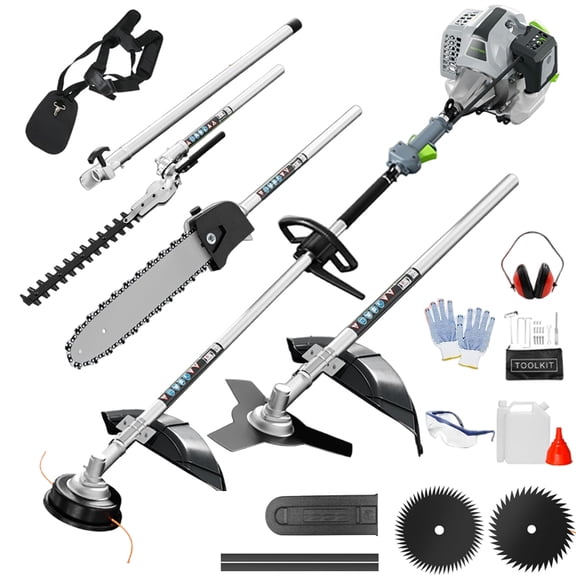 52cc 2-Stroke, 6-in-1 Gasoline Lawnmower can perform multiple tasks including lawn mowing, aerial pruning, hedge shaping, and shrub cutting.