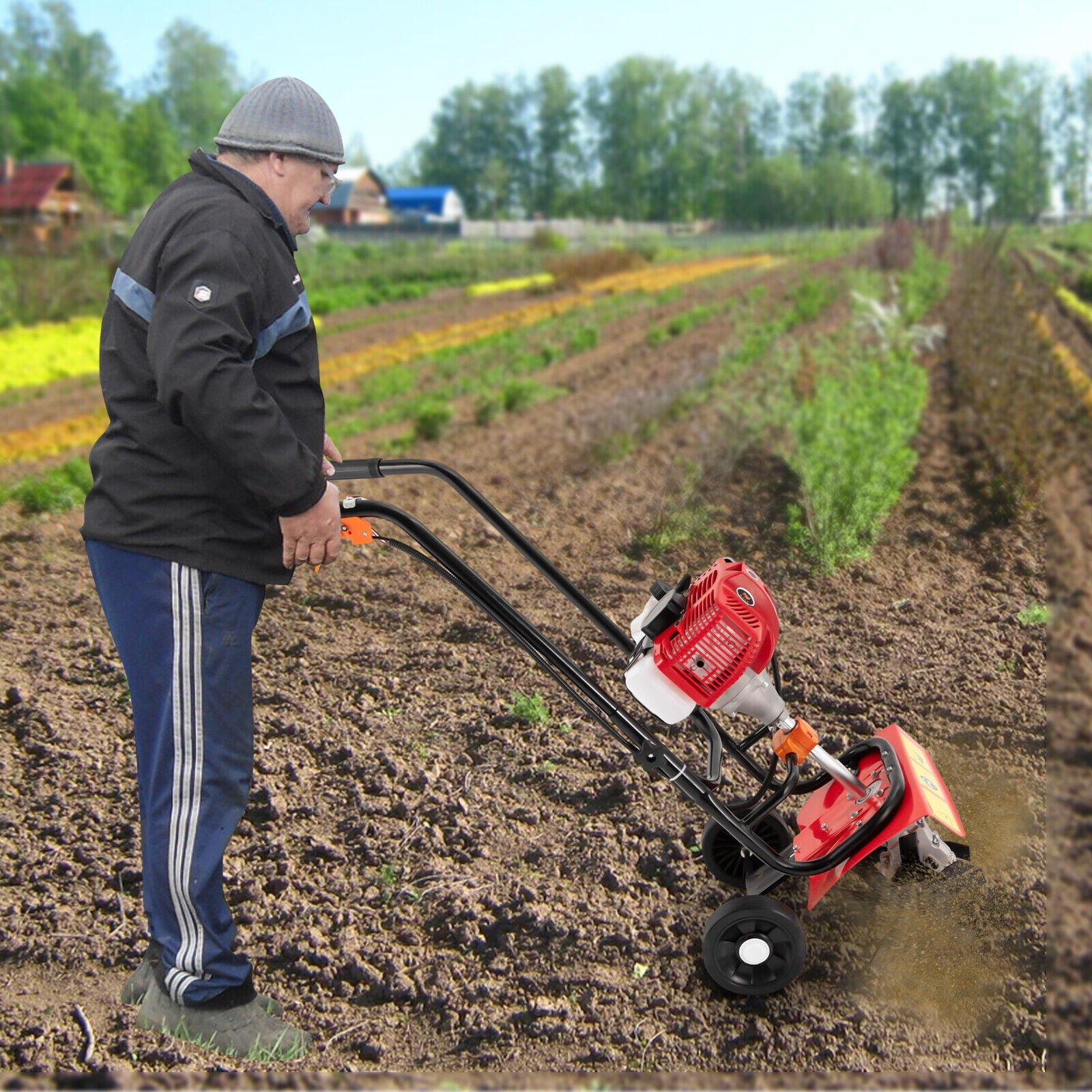 52cc 2 Stroke Commercial Garden Tiller Soil Cultivator, Powered Hand Rotary Cultivator Rototiller Garden Tool with Long Handle for Soil Cultivation
