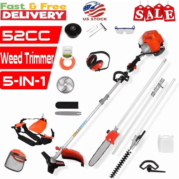52cc 5-in-1 Multi-Functional Trimming Tool,Gas Hedge Trimmer,Gas Weed Eater,Gas String Trimmer,Gas Grass Trimmer,Brush Cutter,Edger,Pole Saw Chainsaw Pruner with Extension Pole, Lightweight Design