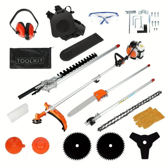 52cc 6 In 1 Multi Functional Garden Trimming Tools, Gas Powered String Trimmer, Weed EaterGas Powered Hedge Trimmer Lawn Edger, Long Reach Pole Saw For Tree Trimming BranchBrush Cutter
