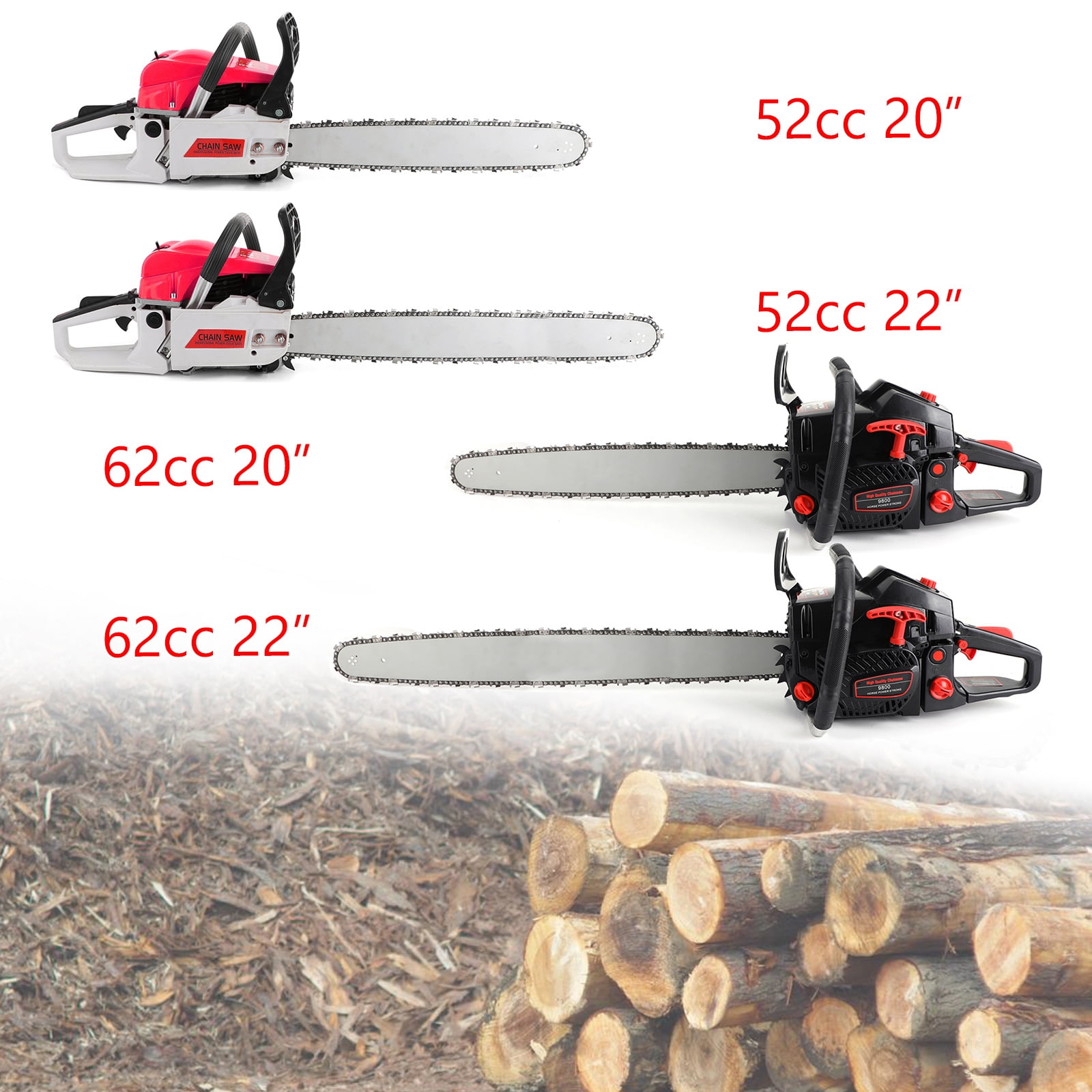 52cc/62cc Chainsaw 20"/22" Bar Powered Engine 2 Cycle Gasoline Chain Saw