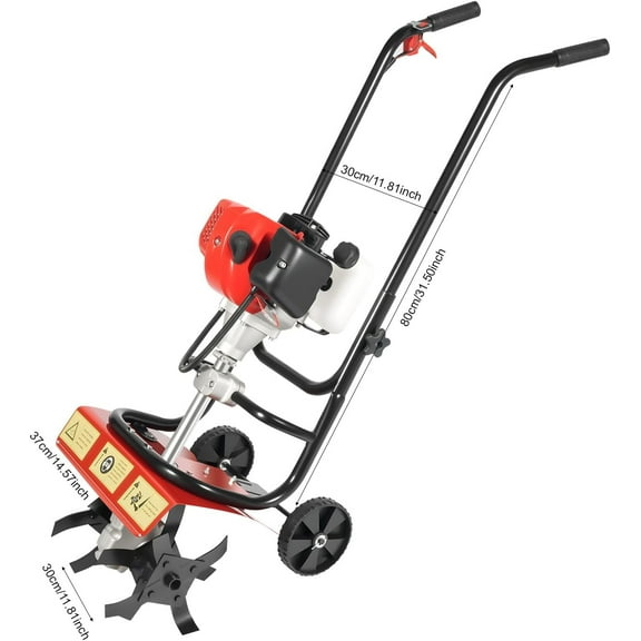 52cc Gas Power Garden Tiller Cultivator, 2-Stroke Mini Gasoline Tiller Hand Rotary Cultivator Garden Tool 0.2gal 14.17in Width Farmyard Rototiller for Sandy Land Loose Soil