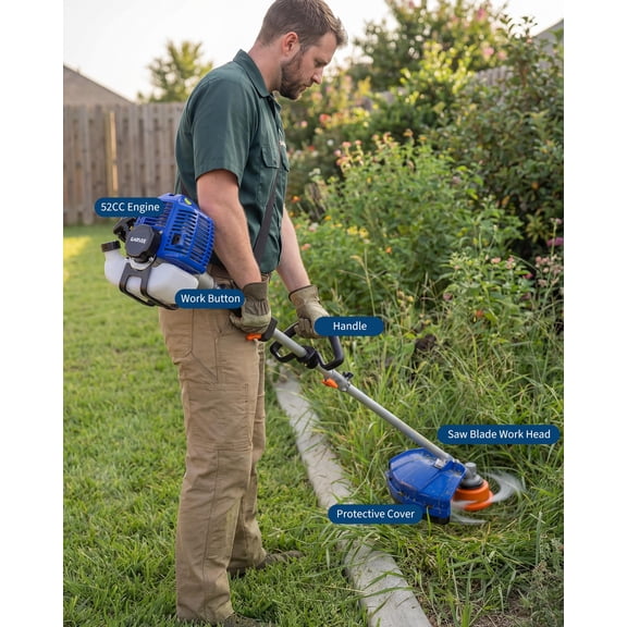 52cc Gas Powered Brush Cutter, 3-in-1 Heavy Duty Brush Cut Tool with Brush Cutter Set, String Trimmer Head, 2 Blades, Anti-Vibration Handle & Shoulder Strap for Garden, Lawn, Farm, Blue