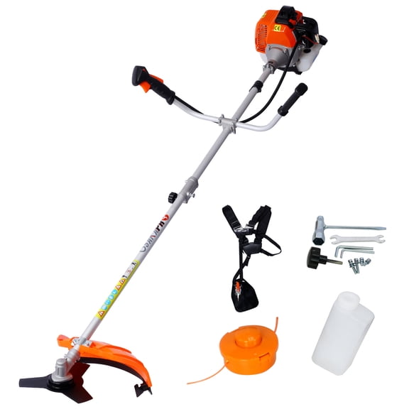 52cc Gas Powered Weed Eater and Brush Cutter, 2 in 1 String Trimmer with 10 Blade, Orange Aluminum Construction with Shoulder Strap