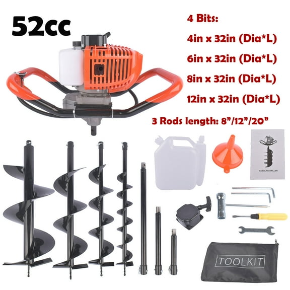 52cc Post Hole Digger Gas Powered Earth Digger with 4 Auger Drill Bits 4" 6" 8" 12" + 3 Extension Rods 8" 12" 20'', Auger Post Hole Digger for Farm Garden Plant, Orange Garden Auger