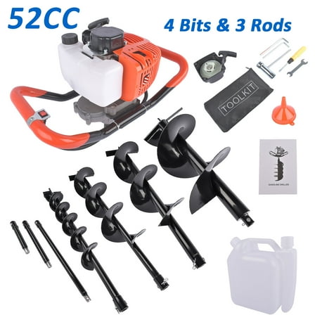 52cc Post Hole Digger Gas Powered Earth Digger with 4 Auger Drill Bits 4" 6" 8" 12" + 3 Extension Rods 8" 12" 20'', Auger Post Hole Digger for Farm Garden Plant, Orange Garden Auger