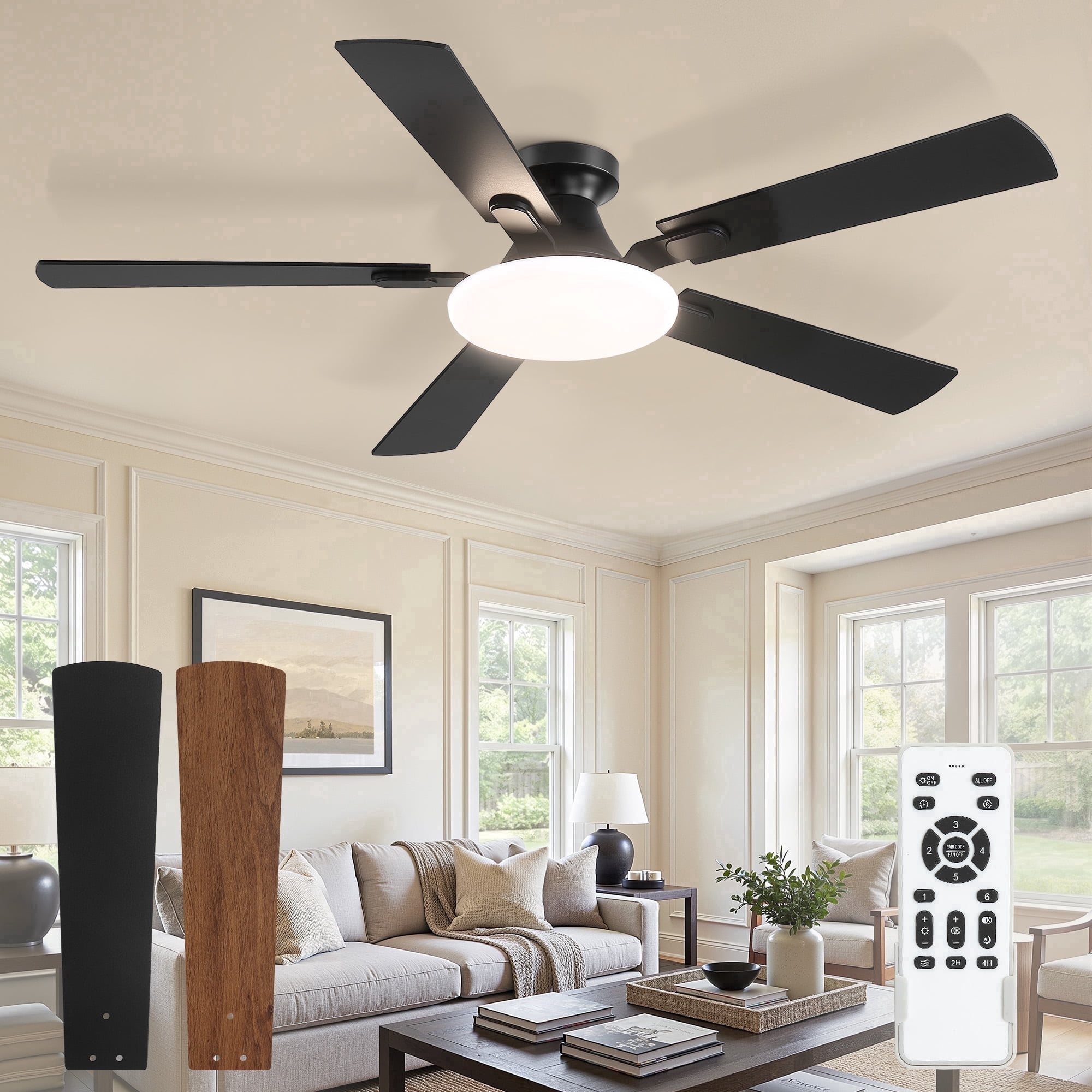Lokivas 52 Inch Modern Ceiling Fan with Light, Flush Mount Low Profile, Quiet 6 Speeds Remote Control, Reversible DC Motor for Bedroom, Living Room