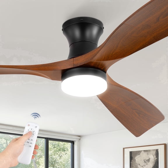 Lokivas 52" Walnut Modern Ceiling Fan with Light and remote, Flush Mount with 3 Quiet Blades, 3CCT Reversible DC Motor for Indoor/Outdoor