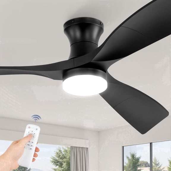 Lokivas 52" Modern Ceiling Fan with Light and Remote, Flush Mount with 3 Quiet Blades, 3CCT Reversible DC Motor for Indoor/Outdoor, Black