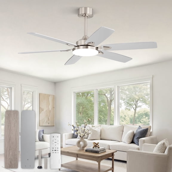Lokivas 52in Ceiling Fans with Light and Remote Control, Modern Ceiling Fan with 6 Speeds, Reversible and Dual Finsh Blade for Indoor, Outdoor, Nickel
