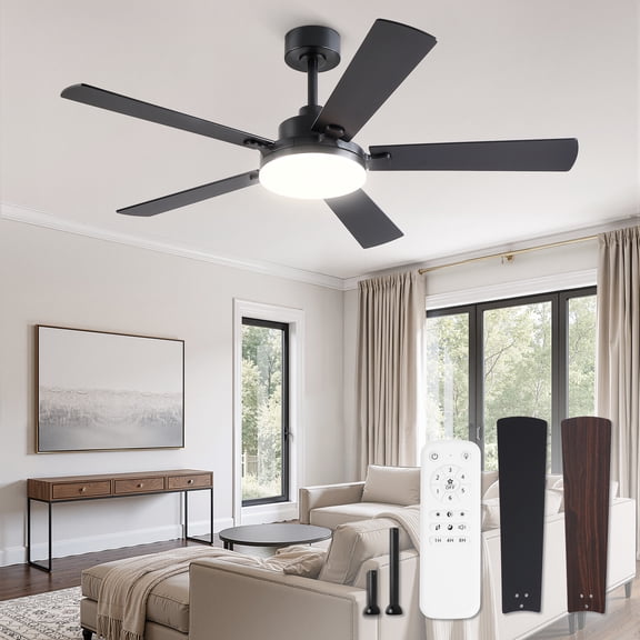Lokivas 52in Ceiling Fan with Light and Remote Control, Modern Ceiling Fan with Reversible 6 Speeds and Quiet Motor for Living Room, Garage, Black