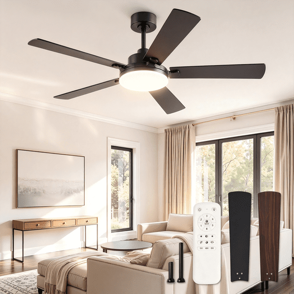 Lokivas 52in Ceiling Fan with Light and Remote Control, Modern Ceiling Fan with Reversible 6 Speeds and Quiet Motor for Living Room, Garage, Black