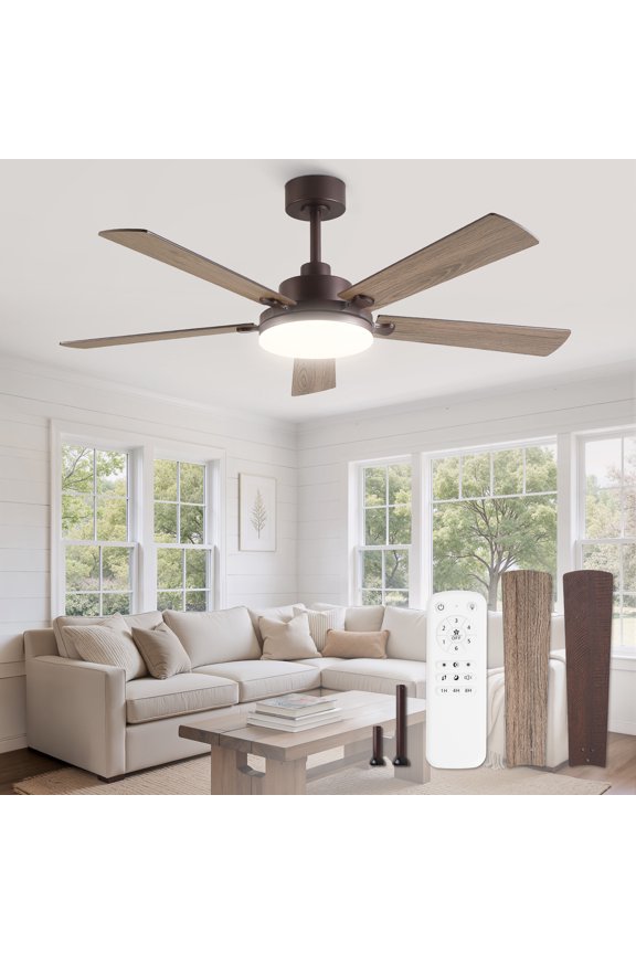 52in Ceiling Fan with Light and Remote Control, Modern Ceiling Fan with Reversible 6 Speeds and Quiet Motor for Living Room, Garage, Bronze