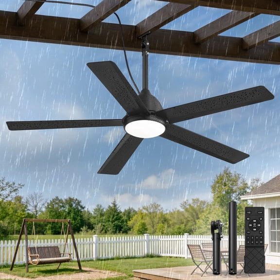 Lokivas 52" Black Outdoor Ceiling Fan with Light, IP65 Waterproof, Quiet 6-Speed Reversible DC Motor, App & Remote Control for Patio, Gazebo, Pergola