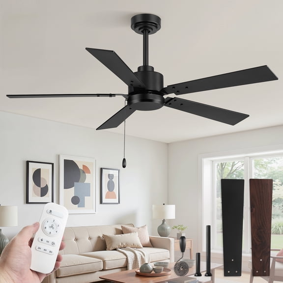 Lokivas 52 Inch Black Modern Ceiling Fan with No Light, Quiet 6 Speeds Pull Chain, Remote Control DC Motor for Indoor/Outdoor