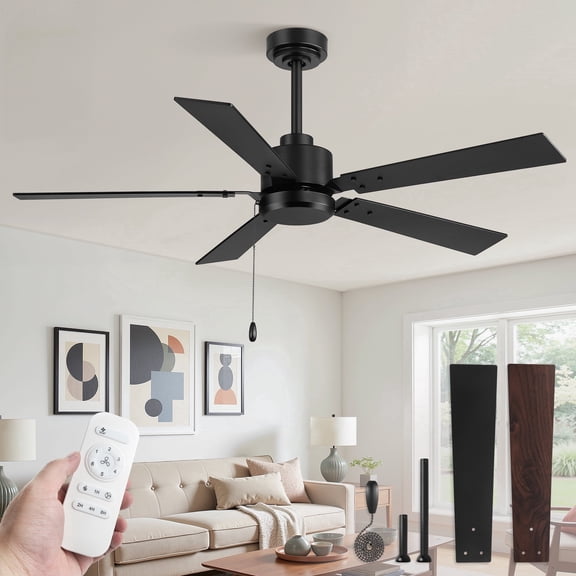 Lokivas 52 Inch Black Modern Ceiling Fan with No Light, Quiet 6 Speeds Pull Chain, Remote Control DC Motor for Indoor/Outdoor