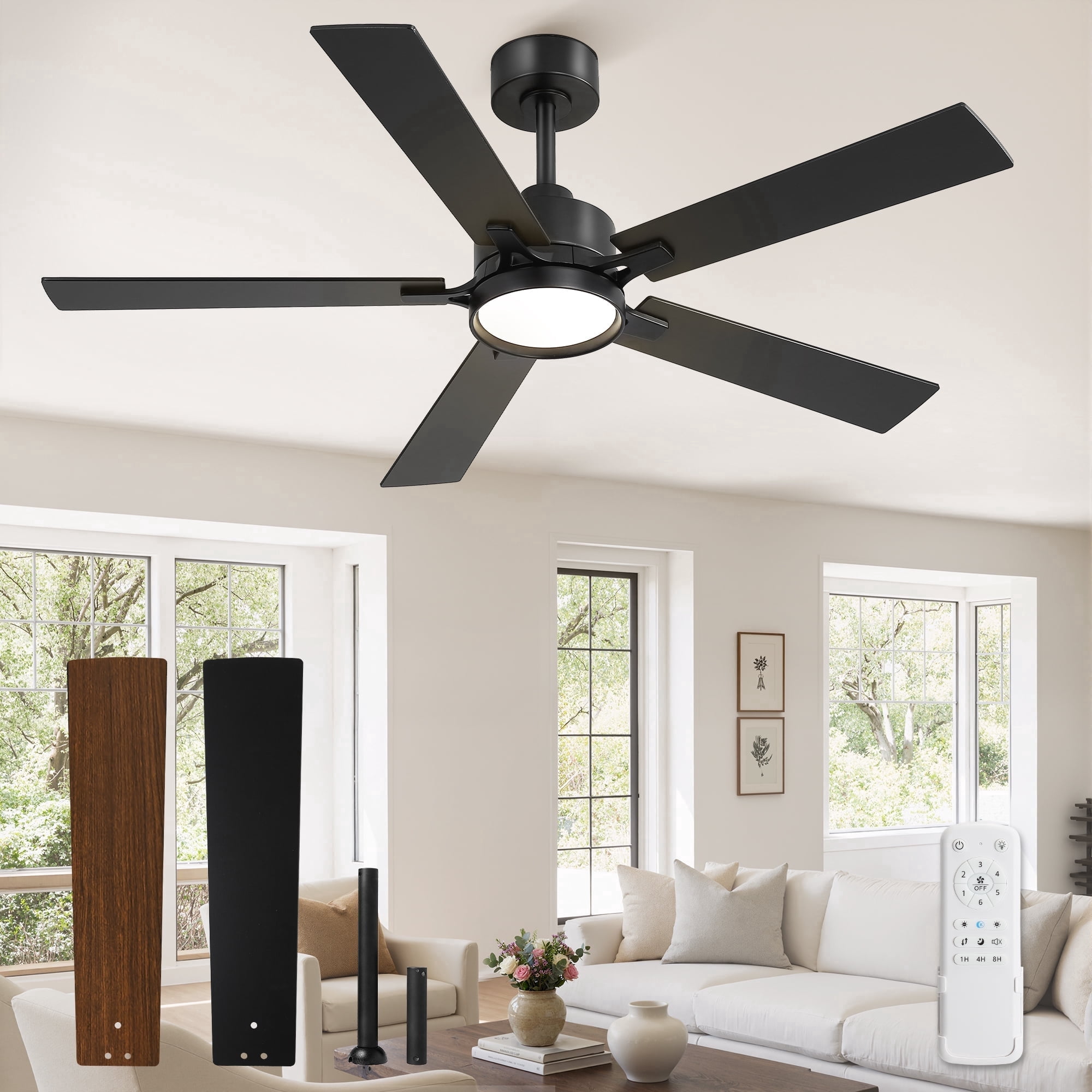 Lokivas 52in Modern Ceiling Fans with Light and Remote, 6 Speed Reversible DC Motor, Downrod Design for Bedroom, Living Room, Black