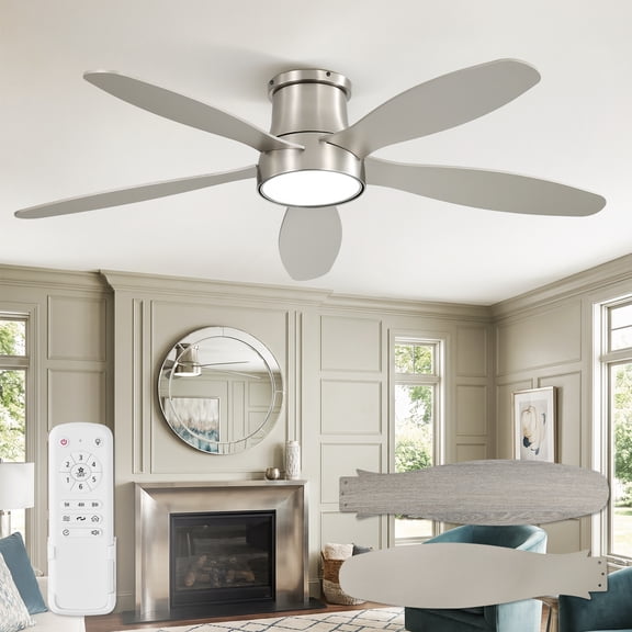 Lokivas 52in Ceiling Fans with Light and Remote Control, Modern Flush Mount Ceiling Fans with Reversible 6 Speeds for Living Room, Bedroom, Nickel