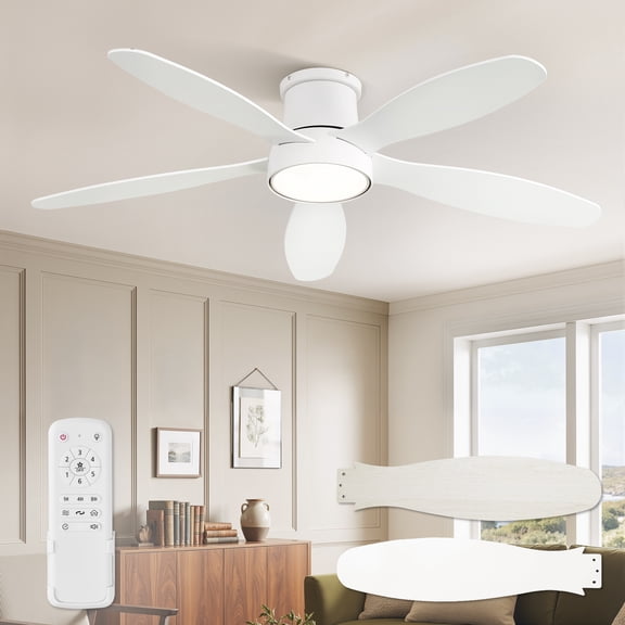 Lokivas 52in Ceiling Fans with Light and Remote Control, Modern Flush Mount Ceiling Fans with Reversible 6 Speeds for Living Room, Bedroom, White