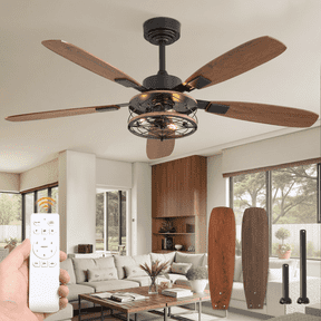Lokivas 52" Farmhouse Ceiling Fan with Light and Remote, Industrial Caged Flush Mount, 6-Speed Reversible DC Motor, 5 Dual-Finish Blades for Living Room, Bedroom, Black