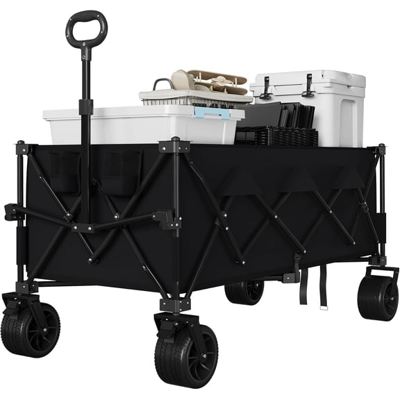 52in Foldable Beach Wagon 460 LB Capacity All-Terrain Cart Heavy Duty Collapsible Wagon for Camping Sand Grass with Cup Holders Black