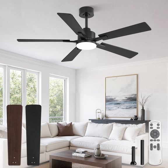 Lokivas 52in Black Ceiling Fan with Light, Remote & APP Control, 6-Speed Reversible DC Motor, 3CCT Dimmable LED, 5 Wood Blades, Industrial Ceiling Fan for Living Room Bedroom Covered Patio