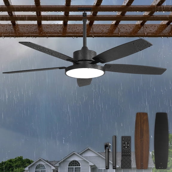 Lokivas 52in IP65 Waterproof Outdoor Ceiling Fan with Light, Plug-In Gazebo Fan with Remote Control, 6-Speed Quiet DC Motor for Patio, Porch, and Pavilion