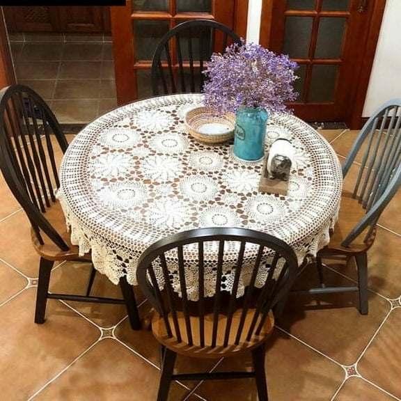52inch Round Hand Crochet Tablecloth Ecru Vintage Lace Table Cloth Floral Doily