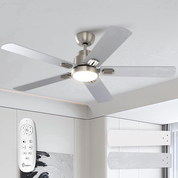 Warmiplanet 52" Sleek Satin Nickel LED Ceiling Fan with Light & Remote, 5 Blades, Slim Modern Style, DC Motor, 3-Color Light, Reversible, Timer