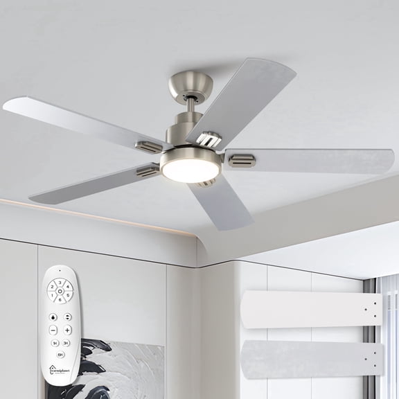 Warmiplanet 52" Sleek Satin Nickel LED Ceiling Fan with Light & Remote, 5 Blades, Slim Modern Style, DC Motor, 3-Color Light, Reversible, Timer