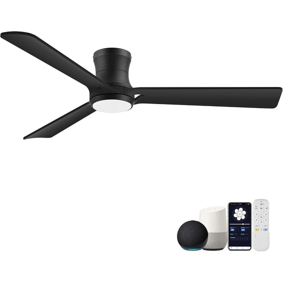 52inch Smart Ceiling Fans with Lights,Remote/APP/Alexa Control,Quiet DC Motor,Wood Low Profile Flush Mount Ceiling Fan for Modern Bedroom Living room Patio,3 Black Blade,Dimmable,Outdoor Indoor Use