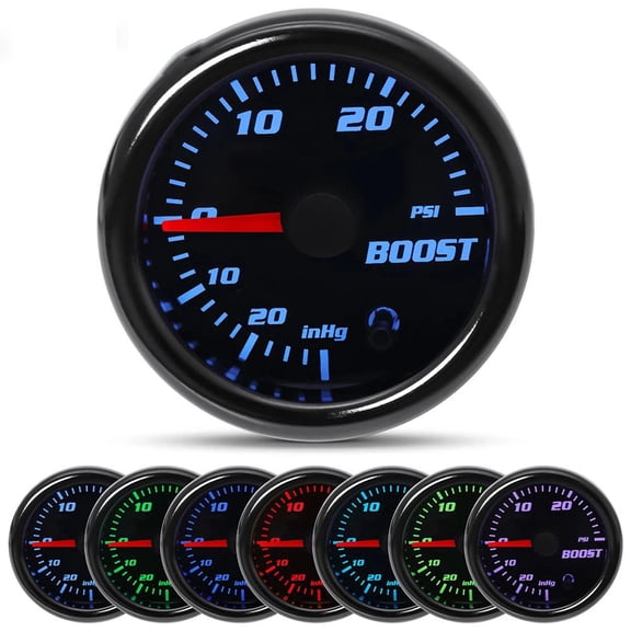 52mm Digital Boost Gauge 0-30 PSI Turbo Pressure Meter 7 Color LED Tinted Lens Vacuum Gauge Universal 12V Car Performance Monitor with Mount Vacuum Hose Hardware
