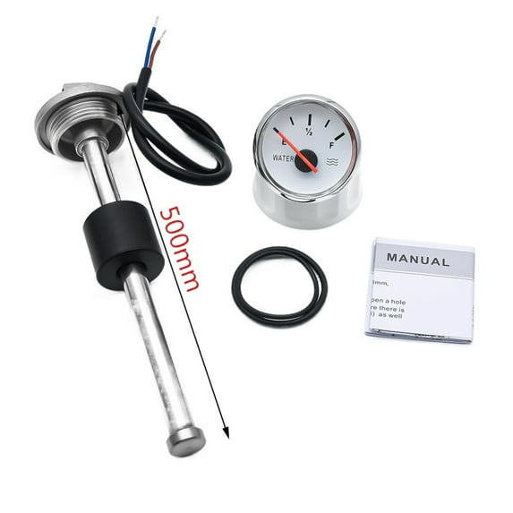 52mm Water Level Gauge +100-600mm Water Level Sensor 0-190 Ohm Fit Boat Car Fuel Level Gauge Meter With Red Backlight 9-32V ,Easy Setup
