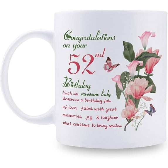 52nd Birthday Gifts for Women - Congratulations on Your 52nd Birthday Awesome Lady Mug - 52nd Birthday Gifts for Wife Mom Friend Sister Aunt Coworker - 11oz Coffee Mug