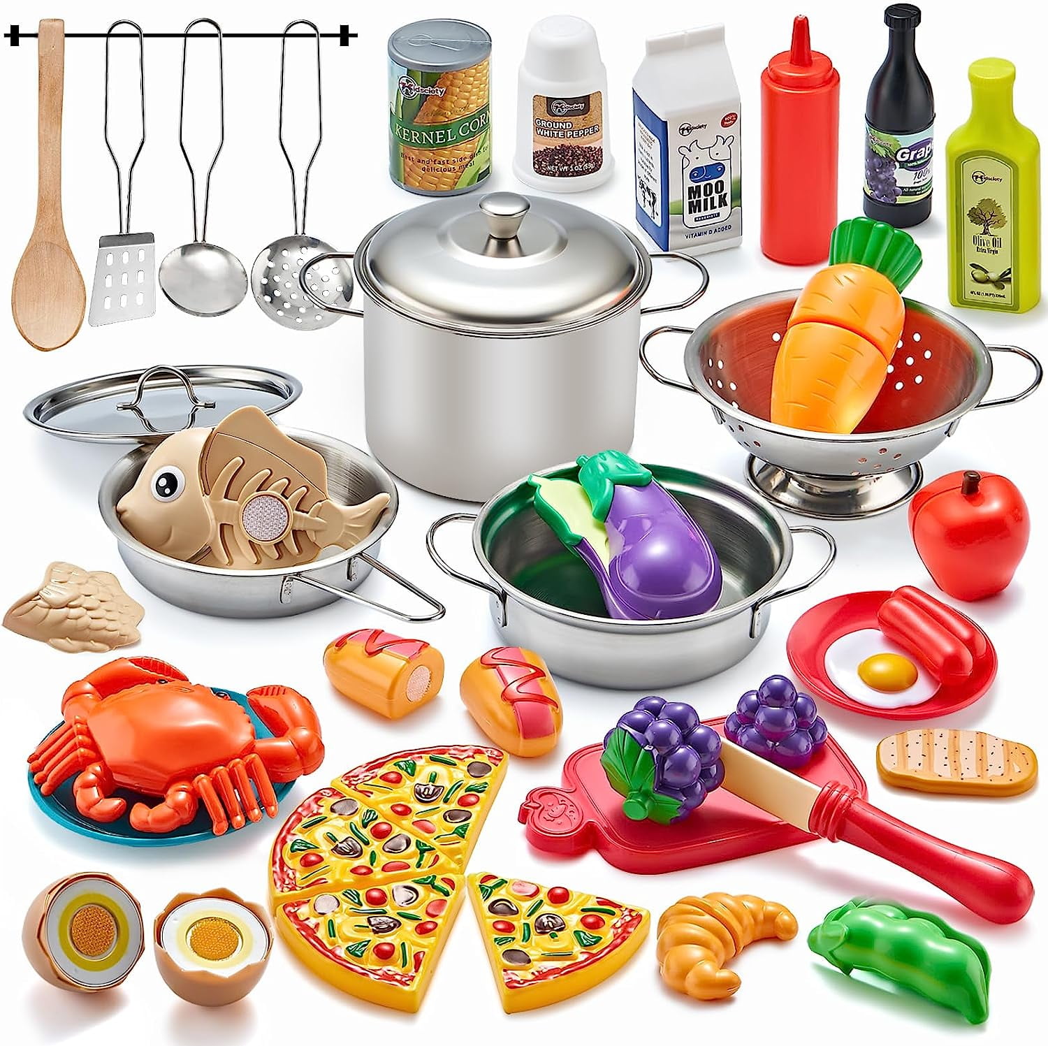 52pc Kids Kitchen Playset with Play Food, Stainless Steel Cookware