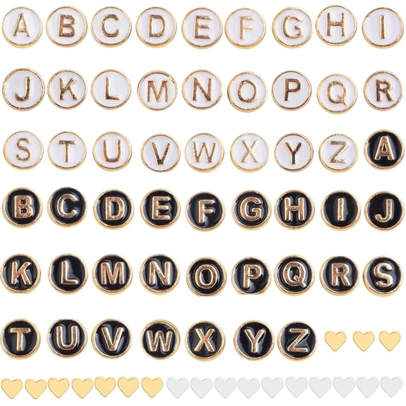 52pcs 2 Colors Enamel Alphabet Beads 8 mm Flat Round Initial Letter A-Z and 20pcs 2 Colors Alloy Heart Spacer Beads for DIY Bracelet, Necklace, Earrings Jewelry Making