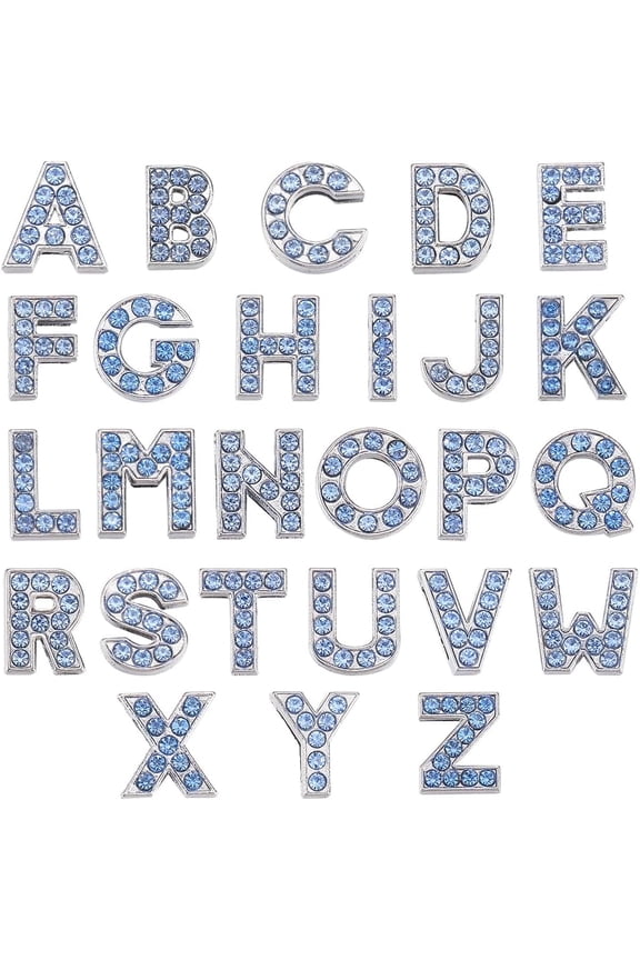 52pcs 26 styles Alloy Rhinestone Slide Charms Letter A~Z Sapphire 12x3.5~12x4~5mm Hole: 8x1.5mm 2pcs/style