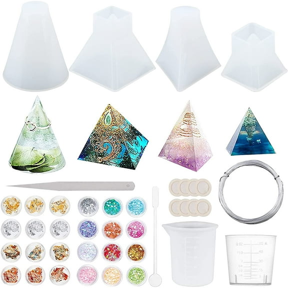52pcs 4 Style Pyramid Molds Kit - Cone Pyramid Trapezoid Resin Silicone Molds with Glitter Accessories - Crafting Tools - Epoxy Casting Molds for Resin Crafts Soap Candle Making colorful