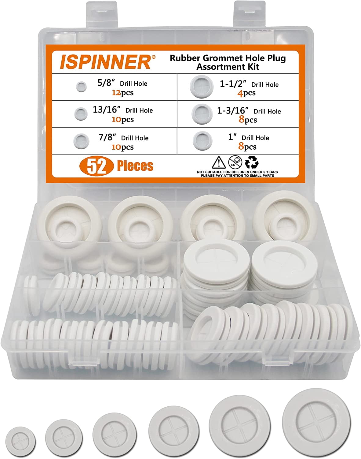 52pcs 6 Sizes Rubber Grommet, Double Sided Round Rubber Hole Plug, Drill Hole 5/8" 13/16" 7/8" 1" 1-3/16" 1-1/2" (White)