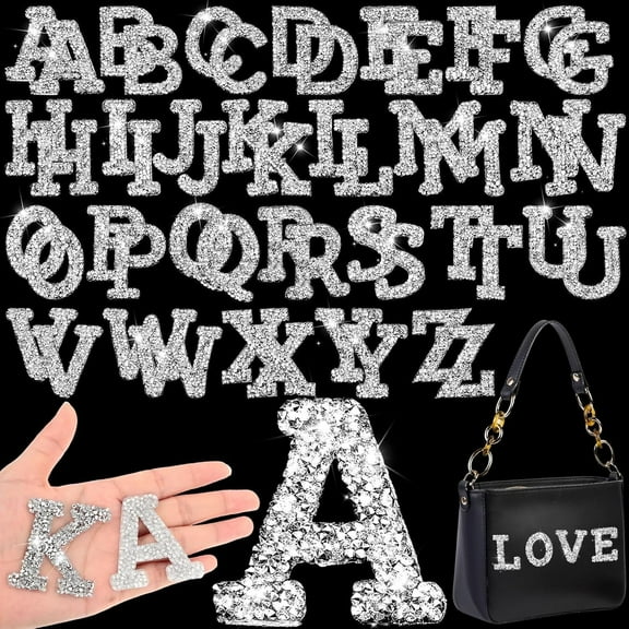52pcs Alphabet Stickers, Crystal Rhinestone Iron on Letters Self Adhesive A-Z Glitter Resin Stickers for Clothing Art DIY Crafts