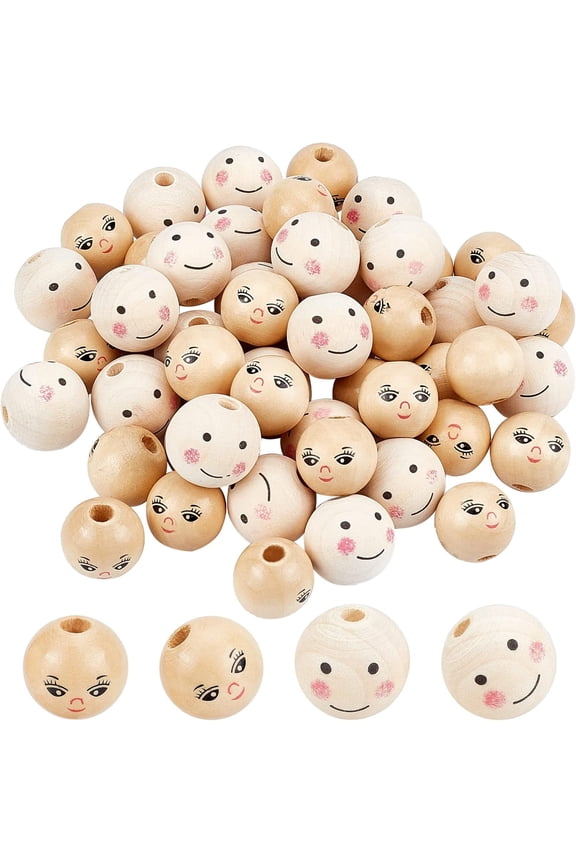 52pcs Face Wood Beads 21mm 24mm Painted Wooden Beads 2 Style Smiling Face Wooden Loose Beads Round Spacer Ball Beads for Christmas Angel Head DIY Craft Jewelry Bracelet Necklace Making