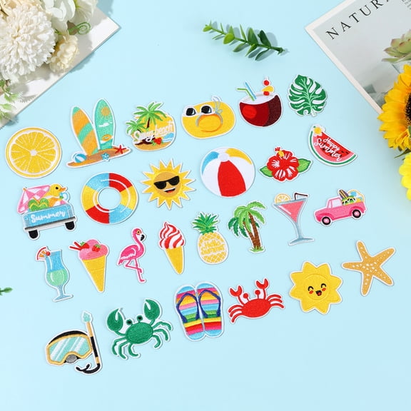 52pcs Iron On Patch Tropical Summer Beach Embroidery Applique Dual Use Self Adhesive Sew On Patch for Clothes Backpack Hat