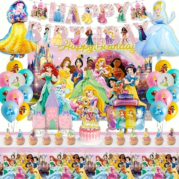 52pcs Princess Party Favors Set - Includes Background Banner Tablecloth Cake Topper Latex Balloons Princess and Castle Aluminum Film Balloon