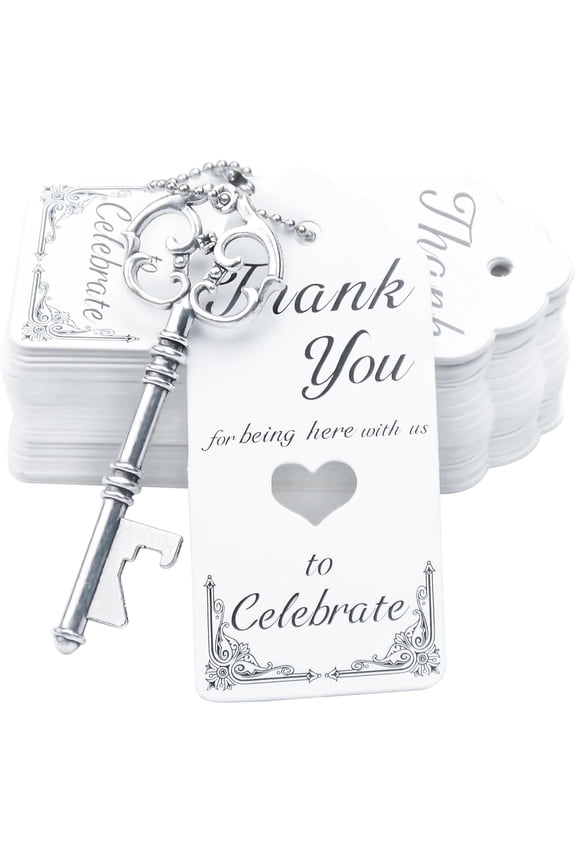 52pcs Vintage Skeleton Key Bottle Opener Party Favor Wedding Favor Guest Souvenir Gift Set with Escort Thank You Tag Card and Keychain (Antique Silver)