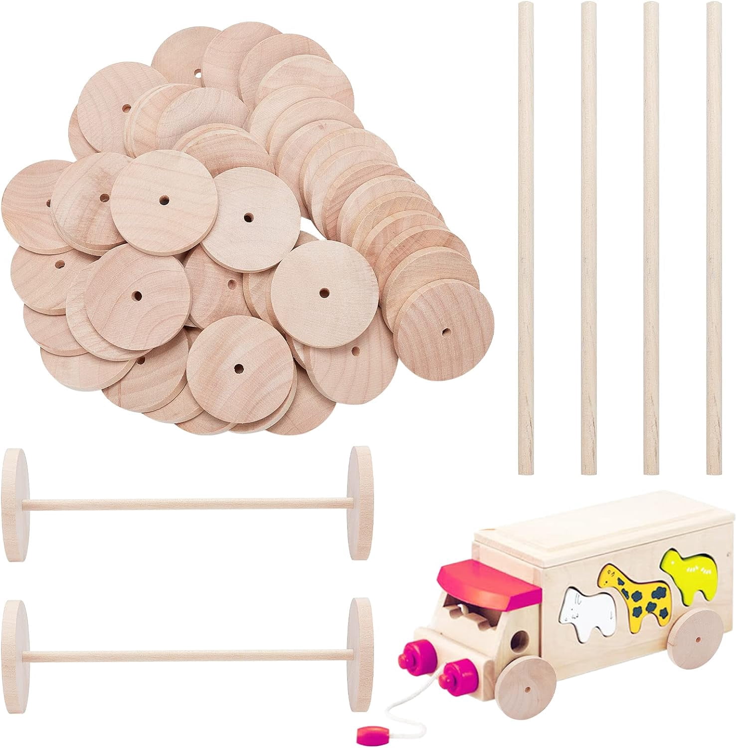 52pcs Wooden Craft Wheels with 26pcs Wooden Sticks 2 Inch Diameter Unfinshed Wood Wheel Sticks Set Small Wood Wheels Flat Craft Wheels for DIY Crafts Painting colorful